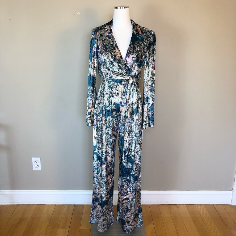 Free People Delphine Teal Paisley Velvet Wrap Jumpsuit NWOT XS